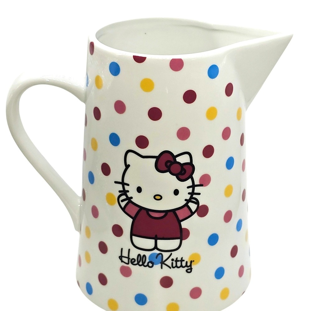 Hello Kitty Sanrio Ceramic Pitcher White Multi Color Polka Dot Character Jug - Picture 1 of 10